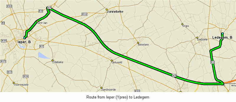 Road route from Ieper to Ledegem